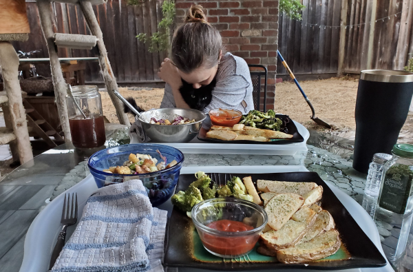 Vegan dinner, wife, and cat