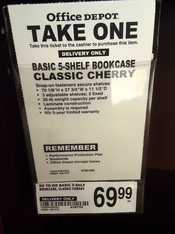 The "take one" slip for one of Office Depot's 5-shelf bookcases I use.