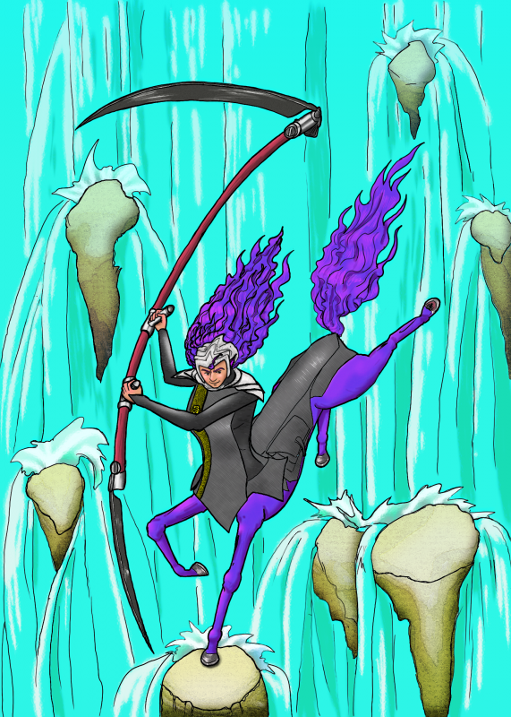 Porsche and the Scythe at the Waterfall, Colored