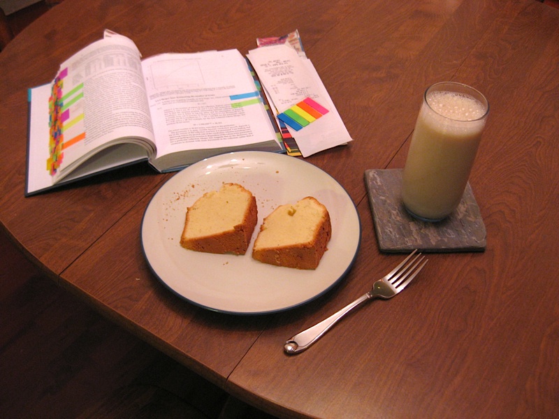 pound cake, soy milk and book spread